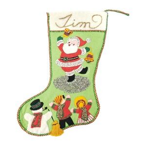 Vintage Creative Moments Jeweled Christmas Stocking "Happy Santa" 17 in Complete